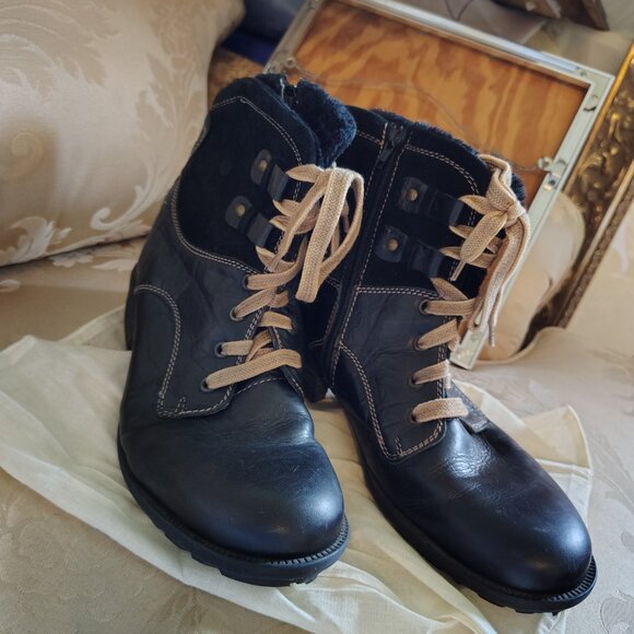 Josef Seibel Sandra Black Leather Boots Womens 9 1/2 Lace-Up Fleece Lined Combat - Picture 8 of 9